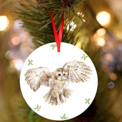 Owl, tawny owl, ceramic hanging Christmas decoration, tree ornament by Jane Bannon