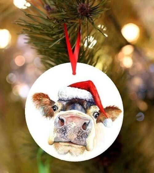 Pammy, Cow, ceramic hanging Christmas decoration, tree ornament by Jane Bannon