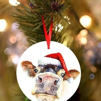 Pammy, Cow, ceramic hanging Christmas decoration, tree ornament by Jane Bannon