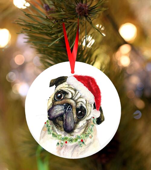 Pringle, Pug, ceramic hanging Christmas decoration, tree ornament by Jane Bannon