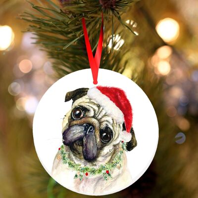 Pringle, Pug, décoration de Noël à suspendre en céramique, ornement d'arbre par Jane Bannon