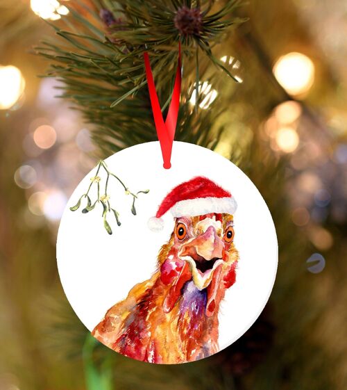 Pucker Up, Chicken, ceramic hanging Christmas decoration, tree ornament by Jane Bannon