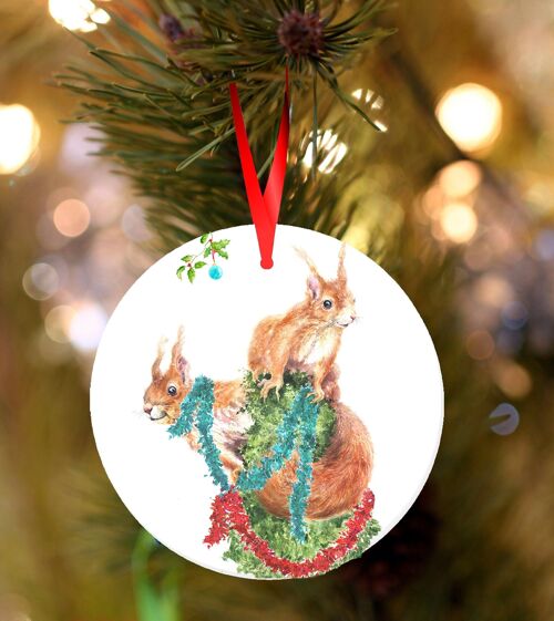 Red Squirrels, ceramic hanging Christmas decoration, tree ornament by Jane Bannon