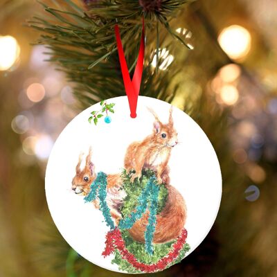 Red Squirrels, ceramic hanging Christmas decoration, tree ornament by Jane Bannon