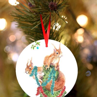 Red Squirrels, ceramic hanging Christmas decoration, tree ornament by Jane Bannon
