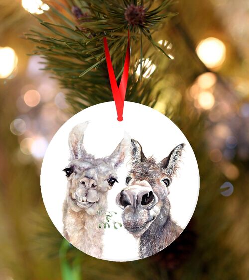 Rodnay & Doreen, Llama and donkey , white, ceramic hanging Christmas decoration, tree ornament by Jane Bannon