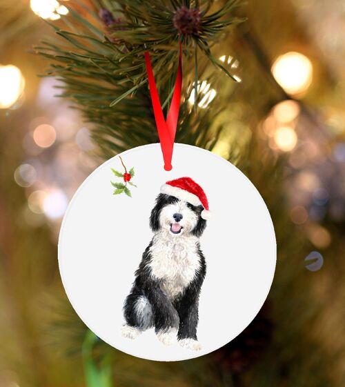Shap, Sheepadoodle, ceramic hanging Christmas decoration, tree ornament by Jane Bannon