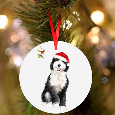 Shap, Sheepadoodle, ceramic hanging Christmas decoration, tree ornament by Jane Bannon