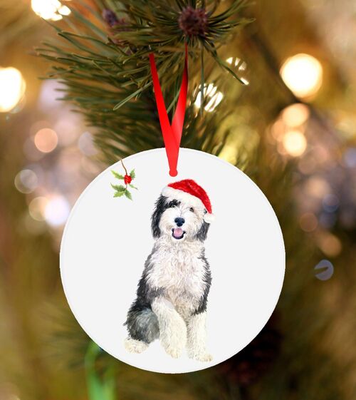 Shaun,Sheepadoodle, ceramic hanging Christmas decoration, tree ornament by Jane Bannon