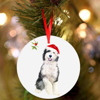 Shaun,Sheepadoodle, ceramic hanging Christmas decoration, tree ornament by Jane Bannon