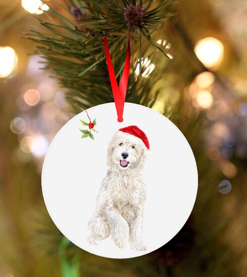 Shep, White Sheepadoodle, ceramic hanging Christmas decoration, tree ornament by Jane Bannon
