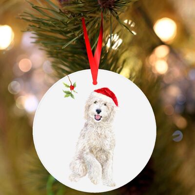 Shep, White Sheepadoodle, ceramic hanging Christmas decoration, tree ornament by Jane Bannon