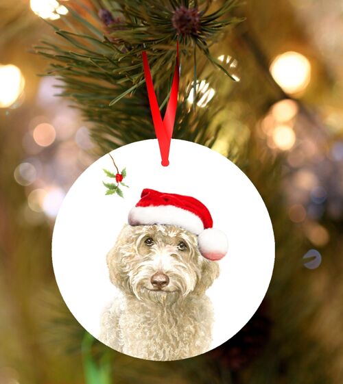 Douglas, Cream Labradoodle, ceramic hanging Christmas decoration, tree ornament by Jane Bannon