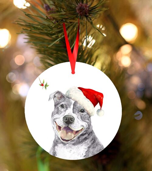Staffy Blue Staffordshire bull terrier, ceramic hanging Christmas decoration, tree ornament by Jane Bannon