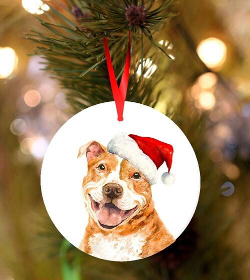 Staffy, Red Staffordshire bull terrier, ceramic hanging Christmas decoration, tree ornament by Jane Bannon
