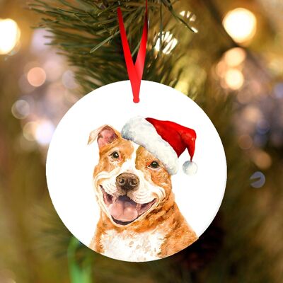 Staffy, Red Staffordshire bull terrier, ceramic hanging Christmas decoration, tree ornament by Jane Bannon