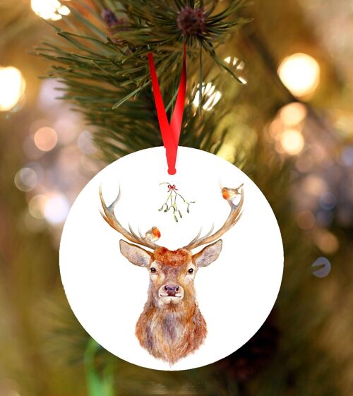 Stag and robins, ceramic hanging Christmas decoration, tree ornament by Jane Bannon