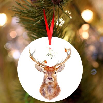 Ciervo y petirrojos, decoración navideña colgante de cerámica, adorno de árbol de Jane Bannon