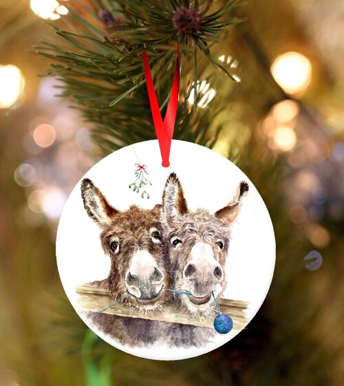 Stan & Ollie, Donkey pair , white ceramic hanging Christmas decoration, tree ornament by Jane Bannon