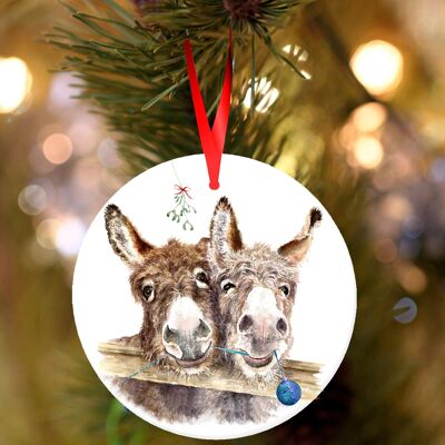 Stan & Ollie, Donkey pair , white ceramic hanging Christmas decoration, tree ornament by Jane Bannon