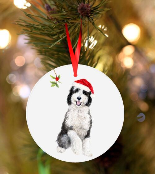 Steve, Sheepadoodle, ceramic hanging Christmas decoration, tree ornament by Jane Bannon