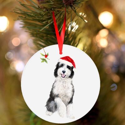 Steve, Sheepadoodle, ceramic hanging Christmas decoration, tree ornament by Jane Bannon