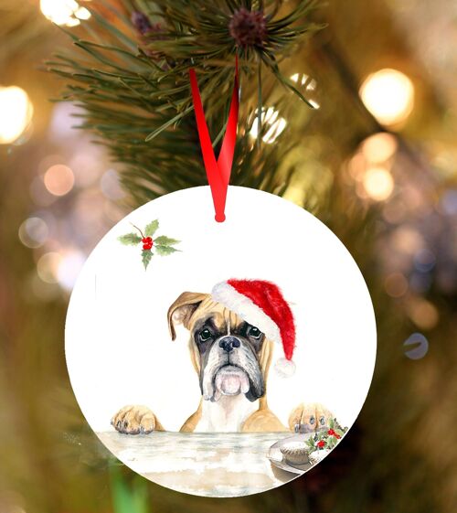 Terrence, Boxer dog, ceramic hanging Christmas decoration, tree ornament by Jane Bannon