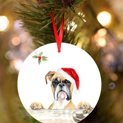 Terrence, Boxer dog, ceramic hanging Christmas decoration, tree ornament by Jane Bannon