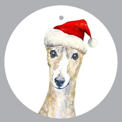 Wally Brindle, Greyhound, ceramic hanging Christmas decoration, tree ornament by Jane Bannon