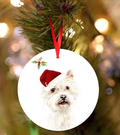 Westie, West highland terrier, ceramic hanging Christmas decoration, tree ornament by Jane Bannon