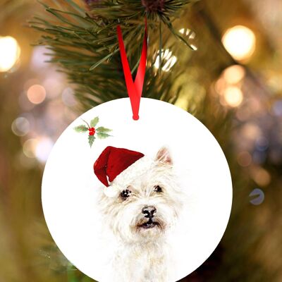 Westie, West highland terrier, decoración navideña colgante de cerámica, adorno de árbol de Jane Bannon