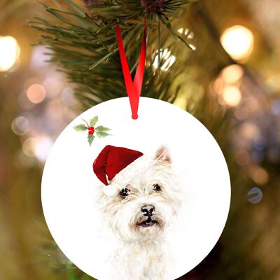 Westie, West highland terrier, ceramic hanging Christmas decoration, tree ornament by Jane Bannon