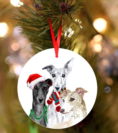 Whippet trio, ceramic hanging Christmas decoration, tree ornament by Jane Bannon