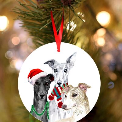 Trio Whippet, decorazione natalizia da appendere in ceramica, ornamento per albero di Jane Bannon