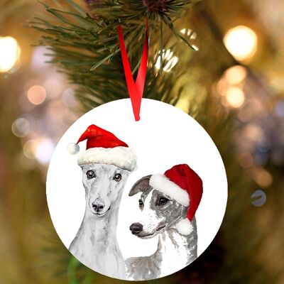 Whippets Graues Paar, hängende Weihnachtsdekoration aus Keramik, Baumschmuck von Jane Bannon