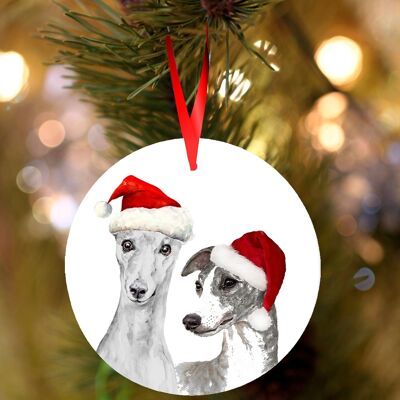 Whippets Grey pair, ceramic hanging Christmas decoration, tree ornament by Jane Bannon