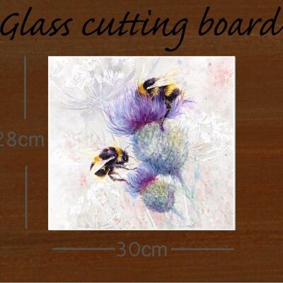 Bienen auf Distel, Glasschneidebrett, Bild von Jane Bannon