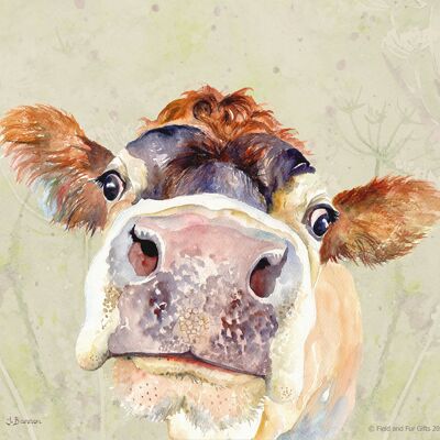 Pammy, Jersey-Kuh, Glasschneidebrett, Bild von Jane Bannon