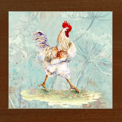 Cornelious, Cockerel, Glass cutting board, image by Jane Bannon