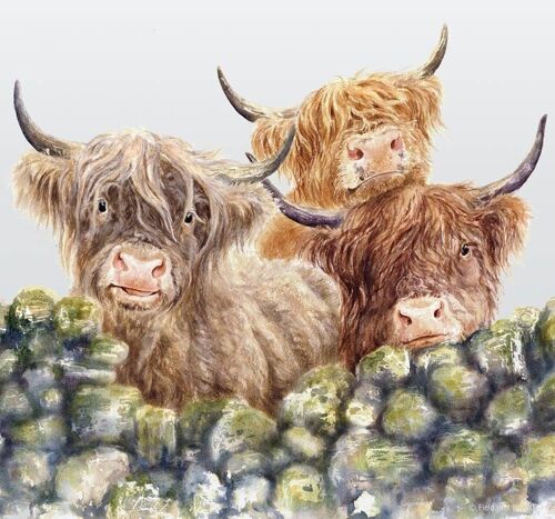 Village Gossip, Highland Cows, Glass cutting board, image by Jane Bannon