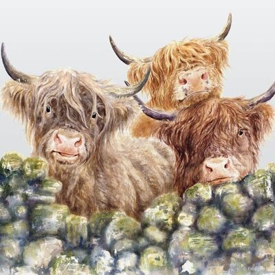 Village Gossip, Highland Cows, Glass cutting board, image by Jane Bannon