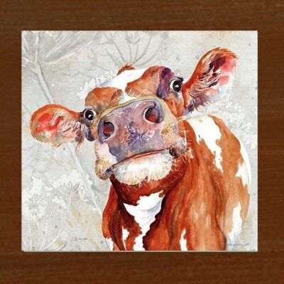 Keith, vaca Holstein, tabla de cortar de vidrio, imagen de Jane Bannon