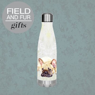 Gus, Bulldog francés, botella de agua aislada, mantiene su bebida fría o caliente
