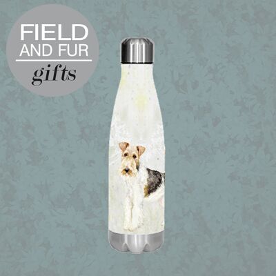 Eddie, Fox Terrier, botella de agua aislada, mantiene su bebida caliente o fría
