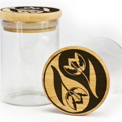 Glass Jar - "Yin Yang Tulips" Engraved Bamboo Lid - KOYO