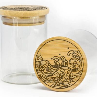 Glass Jar - "Waves" Engraved Bamboo Lid - YASSEN