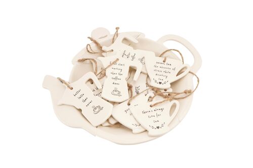 12 Assorted Coffee and Tea Hangers In A Dish