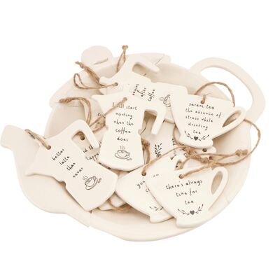 12 Assorted Coffee and Tea Hangers In A Dish