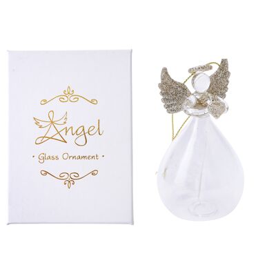 Glass Golden Heart Hanging Angel with Feather