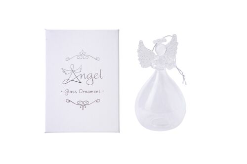 Glass Silver Heart Hanging Angel with Feather